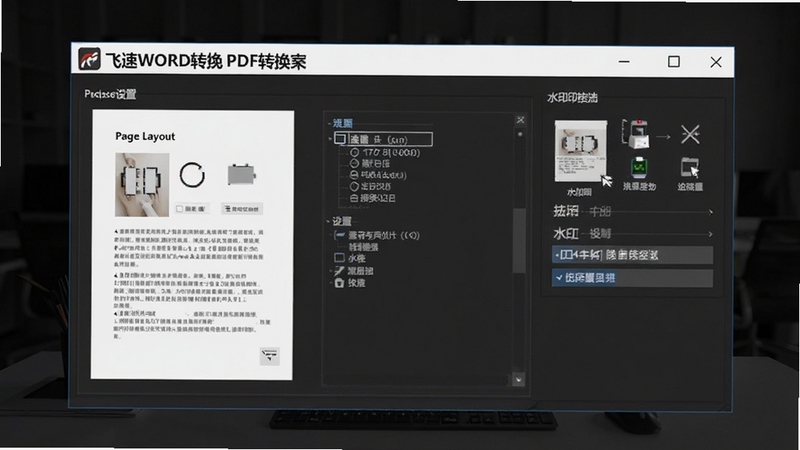 飞速WORD转换成PDF转换器参数设置界面,展示页面布局选项和水印添加工具,背景为深色办公环境,界面细节清晰,强调软件名称和自定义功能