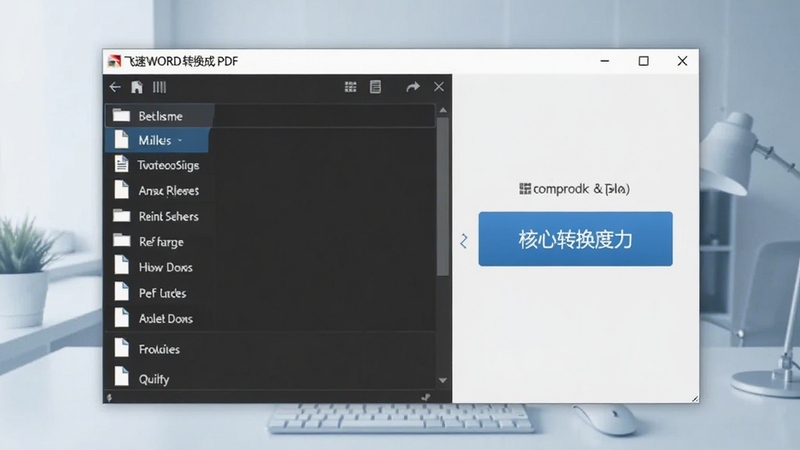飞速WORD转换成PDF转换器主界面预览图,展示简洁的软件窗口,左侧为文件列表,右侧为转换按钮,背景为淡蓝色办公场景,画面清晰明亮,突出软件名称和核心功能