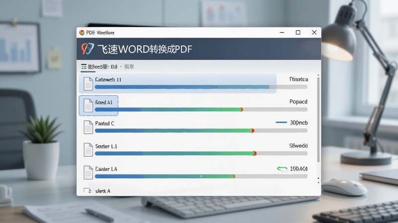 飞速WORD转换成PDF转换器批量转换功能截图,界面中显示多个文件待转换,进度条实时更新,背景为现代办公桌面,色调柔和,突出软件名称和批量处理场景