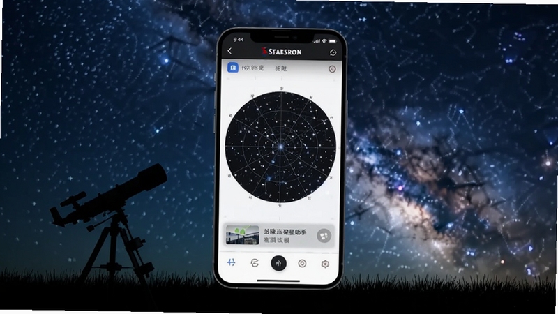 星特朗观星助手主界面预览图,画面中央显示手机屏幕中的动态星图,背景是深蓝色夜空与银河,前景为草地与望远镜剪影,整体风格简洁现代,突出软件主界面与星空识别功能,适配Boogu模型生成。