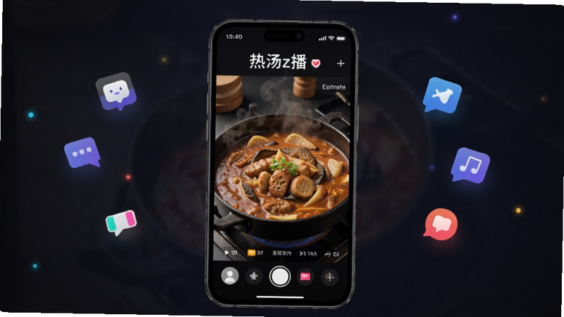 热汤z播手机直播软件主界面预览图,屏幕中展示高清直播画面,背景为暗色渐变,周围有悬浮的互动图标,整体风格现代简洁,突出软件名称热汤z播