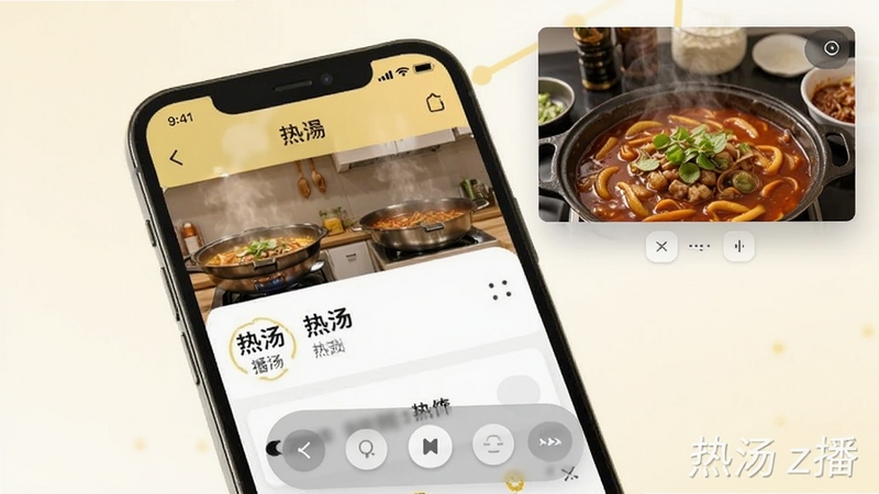 热汤z播悬浮窗播放效果图,手机屏幕展示主界面与角落的直播小窗,小窗内画面清晰,周围有半透明控制按钮,整体色调明亮,软件名称热汤z播作为水印显示