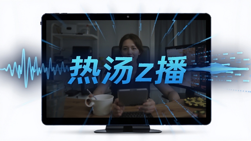 热汤z播播放引擎示意图,画面展示网络波动时视频依然流畅播放,背景有信号波纹与速度线条,软件名称热汤z播出现在画面中央,科技感蓝色调