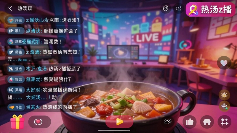 热汤z播直播界面截图,画面中有弹幕飘过,底部有礼物按钮,背景为直播间场景,整体色彩鲜艳,软件名称热汤z播作为角标显示