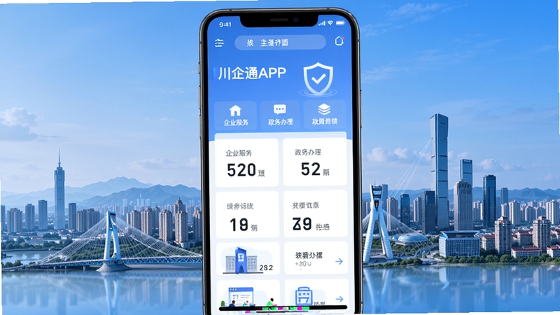 川企通APP主界面预览图,展示首页功能模块,背景为四川省城市天际线,色调以蓝色和白色为主,界面简洁现代,突出企业服务与政务办理场景,适配Boogu模型生成高清竖屏截图样式。