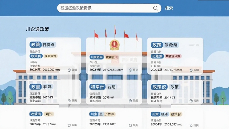川企通政策资讯页面截图展示,页面顶部为搜索栏,中部为政策列表卡片,配有分类标签和日期,背景为四川省政府大楼简化图,风格扁平化,蓝白配色,清晰展示政策推送功能。