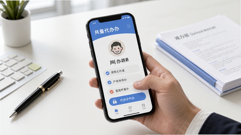 川企通个体户代办流程示意图,展示手机操作步骤,背景为简洁办公桌面,有笔和文件,风格写实,突出“代办”功能,适配Boogu模型生成。