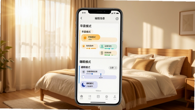 一张展示OPK智能家居场景联动设置的界面截图,画面中央为手机APP编辑场景的页面,显示“早晨模式”和“睡眠模式”两个自动化流程,包含时间条件和设备动作节点,背景为明亮的卧室环境,阳光透过窗帘洒入,整体氛围温馨舒适