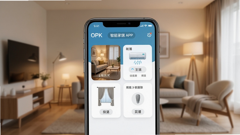 一张展示OPK智能家居APP主界面的高清产品预览图,画面中心为手机屏幕正视图,屏幕内清晰显示客厅灯光、空调、窗帘等设备控制卡片,背景为温馨的现代家居客厅环境,光线柔和,整体风格写实,突出软件界面简洁美观的特点