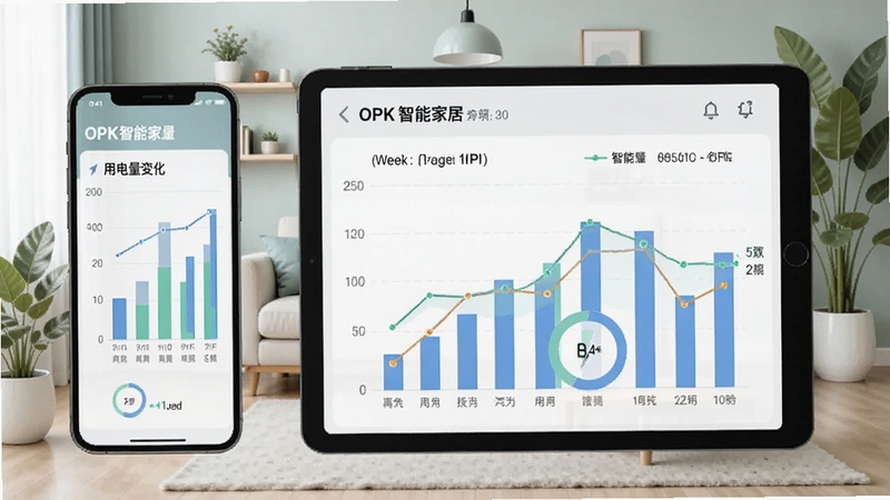 一张展示OPK智能家居能耗统计图表的界面预览图,画面中手机或平板显示柱状图和折线图,展示一周用电量变化,背景为简约现代客厅,带有绿植装饰,色调清新淡雅,突出数据分析功能