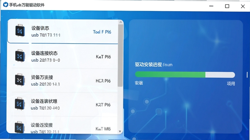一张展示手机usb万能驱动软件主界面的高清截图,界面简洁明亮,左侧为设备连接状态列表,右侧为驱动安装进度条,背景为科技感蓝色渐变,整体风格现代,突出软件专业性与易用性,适配下载站预览图