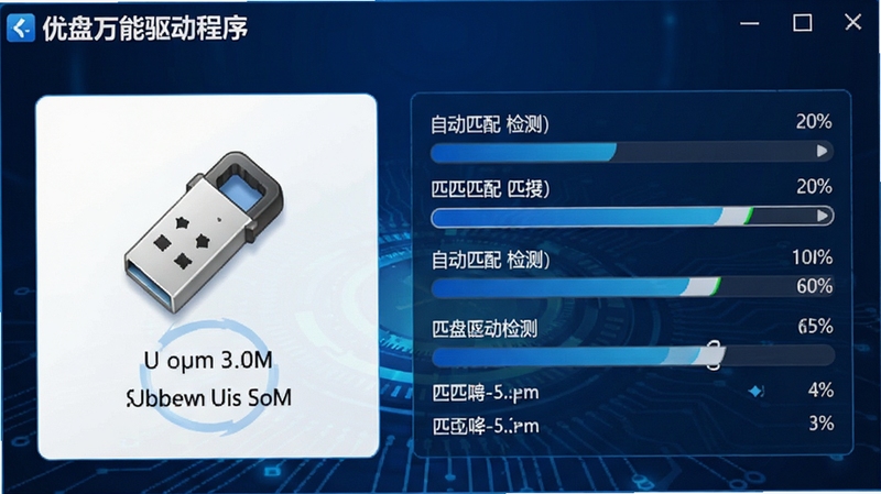 优盘万能驱动程序智能检测界面截图,左侧显示U盘设备图标与型号信息,右侧实时滚动匹配进度条,背景为深蓝色科技感风格,界面元素以蓝色和白色为主,突出自动匹配与检测的核心功能,画面清晰展示软件名称“优盘万能驱动程序”,整体风格专业且现代