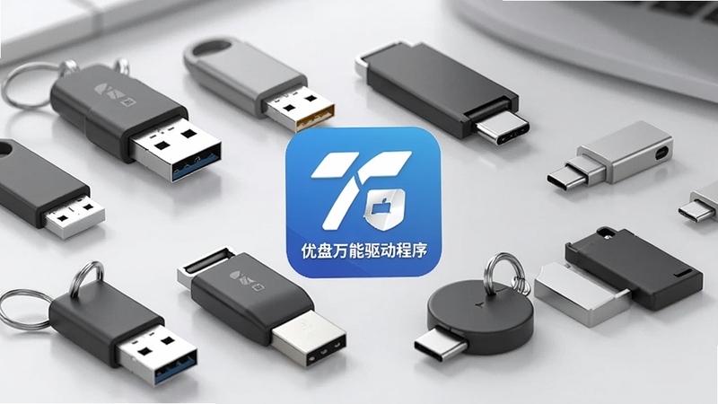 一张展示多种U盘与读卡器设备的图片,包括传统USB-A接口和现代Type-C接口的U盘,排列在干净桌面上,背景为浅灰色调,图片中央突出显示“优盘万能驱动程序”的软件图标,整体风格写实清晰,强调软件对各类存储设备的广泛兼容性