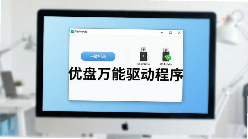 一张简洁明亮的电脑桌面特写,屏幕中显示优盘万能驱动程序主界面,界面清晰展示一键检测按钮与U盘设备状态图标,背景为浅蓝色渐变,整体风格干净现代,突出软件的专业性与易用性,画面中央位置标注软件名称“优盘万能驱动程序”,背景区域虚化处理,适配Boogu模型生成