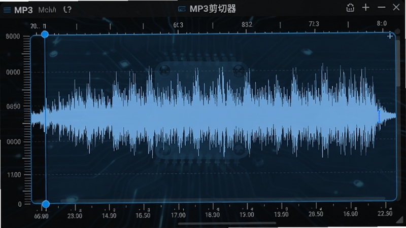 MP3文件剪切器波形放大预览效果图,展示音频波形细节和精确的时间刻度线,界面带有蓝色高亮选区,背景为深色科技感风格,突出专业精准感。