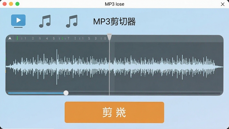 MP3文件剪切器主界面截图,展示简洁的音频波形编辑区域和醒目的剪切按钮,背景为淡蓝色渐变,图标风格扁平化,整体画面干净明亮。