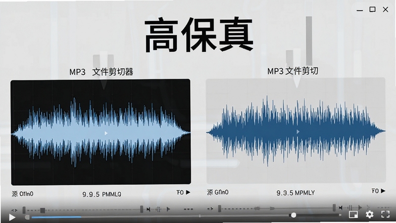 MP3文件剪切器音质对比示意动画截图,左边为源文件波形,右边为剪切后波形,两者波形几乎一致,背景为浅灰色,配有高保真字样,整体风格简洁专业。