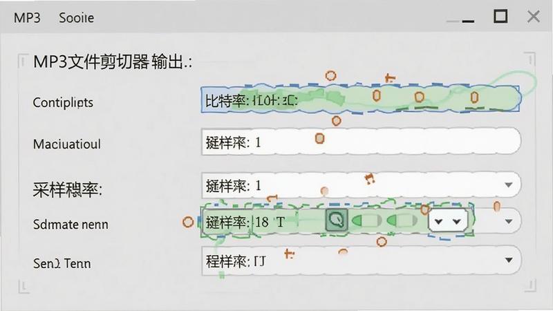MP3文件剪切器输出设置界面,展示比特率和采样率选项,背景为浅灰色,界面简洁,突出设置项。