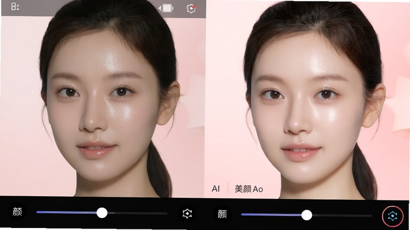 丽影相机AI美颜功能演示图,画面左侧为原始人像,右侧为美颜后效果,背景为柔和渐变粉色,人物面部细节清晰,皮肤细腻有光泽,界面显示美颜调节滑杆