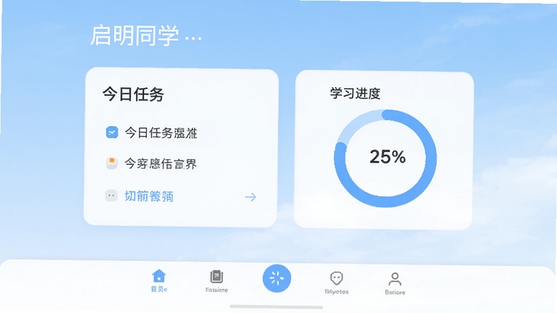 启明同学主界面预览图,展示首页的今日任务卡片、学习进度环和底部导航栏,整体风格清新简约,以浅蓝色为主色调,背景为柔和的渐变天空,界面元素清晰,适合作为应用商店宣传图