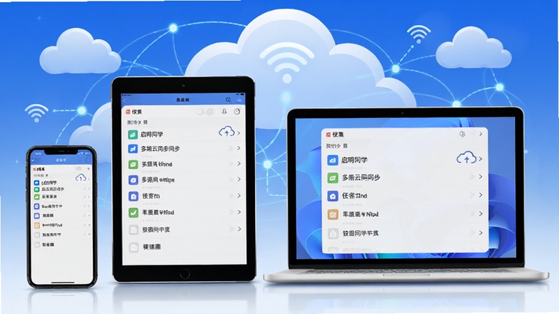 启明同学多端云同步示意图,画面中有一台手机、一台平板和一台笔记本电脑,屏幕上同时显示相同的任务列表,背景为云朵与网络连接线,强调数据同步的便捷性