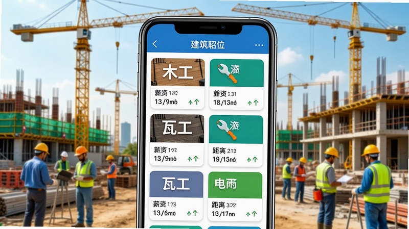 建筑工地招聘软件展示海量工种职位列表,手机屏幕上显示木工、瓦工、电工等职位卡片,每张卡片有薪资和距离信息,背景是繁忙的建筑工地现场,塔吊林立,工人穿梭,画面色彩鲜明
