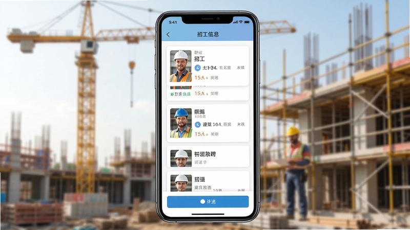 建筑工地招聘软件主界面预览图,展示工人与工头在手机上查看招工信息列表,背景是模糊的建筑工地塔吊与脚手架,界面清晰显示职位卡片和筛选按钮,整体风格写实明亮