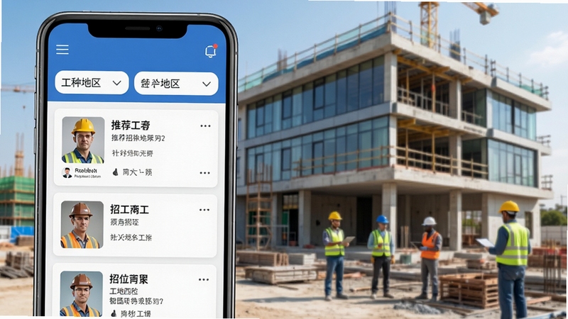 建筑工地招聘软件智能匹配界面,手机屏幕展示推荐的工人简历和招工岗位卡片,上方有工种和地区筛选栏,背景是现代化的建筑工地办公楼,工人在现场作业,色调清晰自然