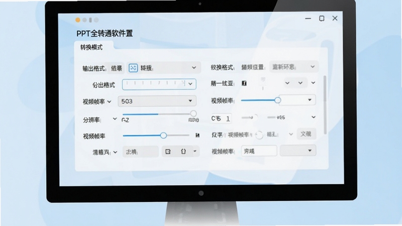 PPT全转通软件设置界面,展示多种转换模式选项,包括输出格式选择、分辨率调节、视频帧率设置等,界面清爽,功能布局合理,背景为淡蓝色调
