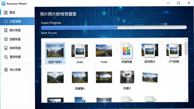 一张高清的照片文件恢复软件主界面截图,画面中央显示扫描进度条与已恢复文件缩略图,背景为深蓝色科技感渐变,界面简洁明亮,左侧功能导航栏清晰可见,整体风格专业且友好,突出照片文件恢复软件的核心功能