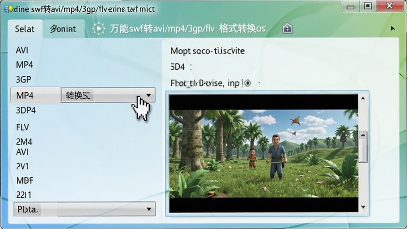 软件运行截图,展示多种输出格式选择列表,包括AVI、MP4、3GP、FLV等,鼠标悬停在MP4选项上,预览窗口显示转换后的高清画面效果,整体界面配色清新,重点突出万能swf转avi/mp4/3gp/flv格式转换器的多格式支持特性