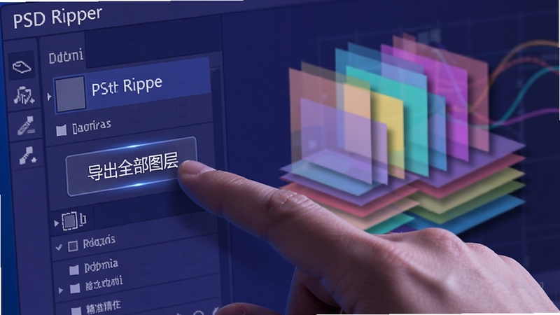 一张特写图片,画面中是一只手正在点击PSD Ripper软件界面上的“导出全部图层”按钮,背景是分层排列的半透明彩色方块,代表被分离的图层,色彩丰富且带有轻微的投影效果,风格偏向科技感与数据可视化,整体色调以蓝紫色为主,强调软件解析功能的精准与强大