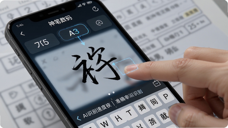 模拟手写手机中文输入法神笔数码的识别功能示意图,画面展示手指在手机屏幕上快速书写汉字,系统实时显示识别结果和候选词,背景为深色科技感界面,突出AI识别速度快和准确率高的特点,软件名称出现在屏幕顶部。