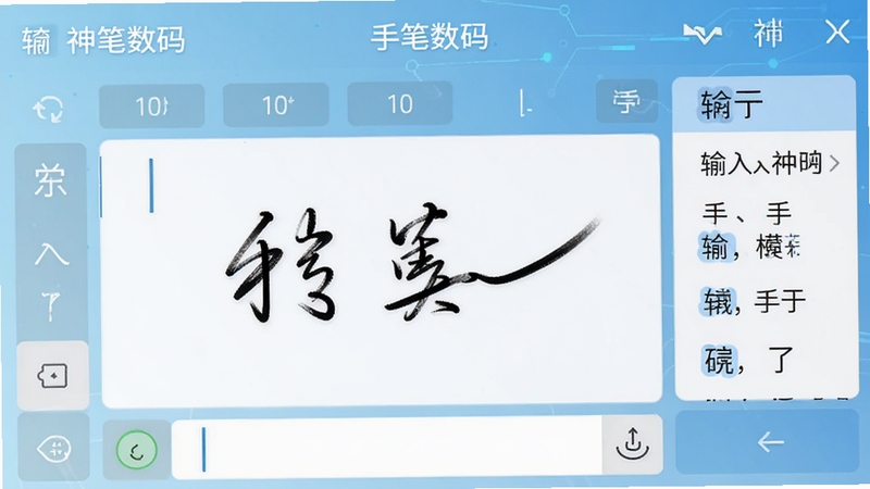 模拟手写手机中文输入法神笔数码的主界面预览图,展示其简洁的输入面板和手写区域,背景为渐变的淡蓝色科技感风格,中央是手写输入框,旁边有候选字列表,整体风格现代且清晰,突出软件名称和手写笔迹的流畅感。