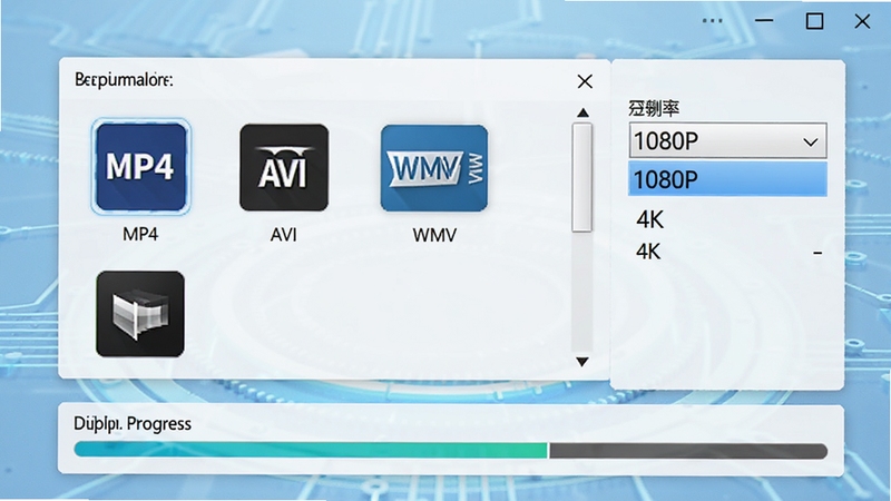 数码大师视频导出设置界面,显示输出格式选择窗口,包含MP4、AVI、WMV等图标,右侧有分辨率下拉菜单,展示1080P、4K选项,下方有导出进度条正在运行,整体界面简洁明了,背景为淡蓝色科技感风格,突出软件的高清输出能力,16:9构图。