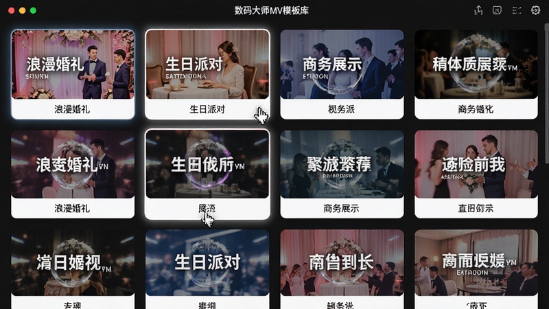 数码大师MV模板库界面截图,屏幕上展示多排动态模板缩略图,每个缩略图下方标注风格名称,如浪漫婚礼、生日派对、商务展示等,界面采用卡片式布局,色彩丰富,鼠标悬停位置有高亮边框,整体展示软件丰富的素材资源,画面比例为16:9。