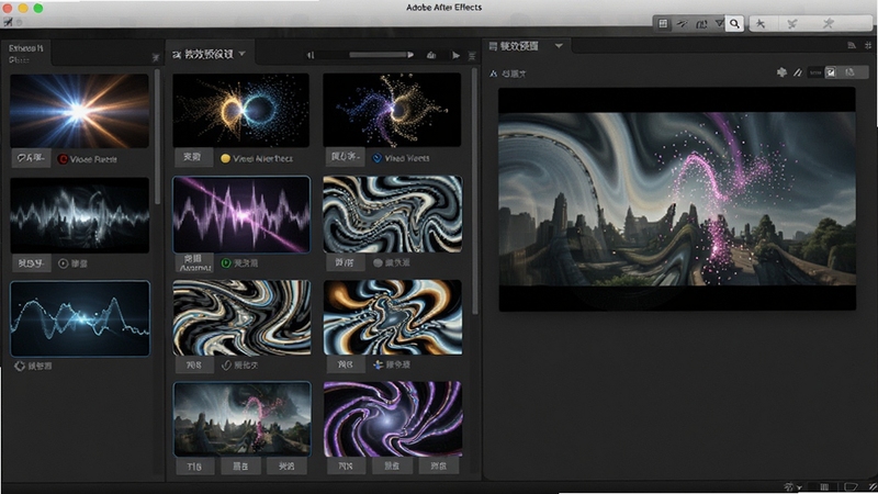 Adobe After Effects 特效预设面板,多种视觉效果缩略图展示,包括光效、粒子、扭曲风格,界面明亮,素材预览窗口显示特效应用效果