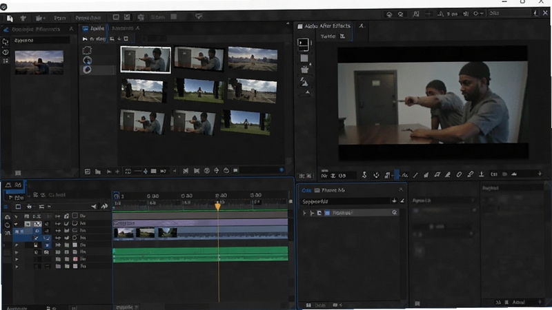 Adobe After Effects 软件主界面,时间线面板与合成预览窗口清晰可见,背景为深色工作环境,图标与素材排列有序,展现专业视频合成工作场景
