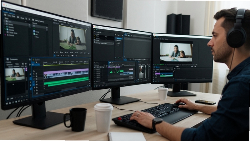 Adobe After Effects 视频编辑工作台,多屏幕显示时间线、特效面板和预览窗口,创作者正在调整合成效果,整体氛围专业而专注