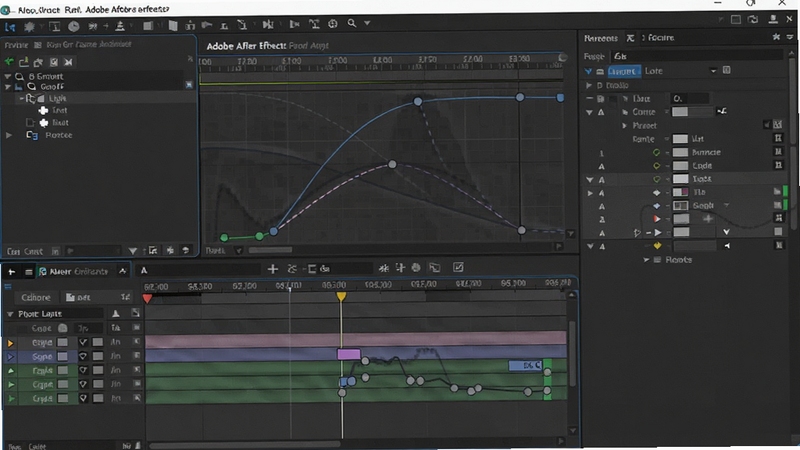Adobe After Effects 关键帧动画编辑界面,图表编辑器显示运动曲线,时间线上多个关键帧节点,图层属性面板展开,整体风格专业清晰