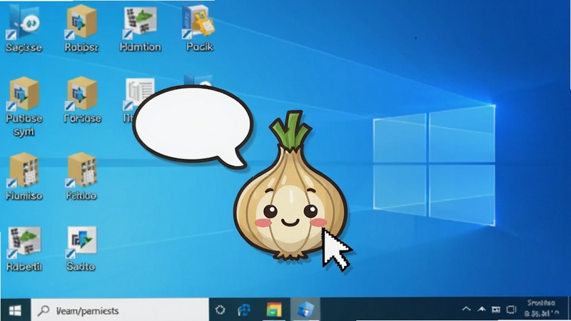 一张高清桌面截图,画面中央是Windows系统桌面,鼠标指针显示为可爱的卡通洋葱头造型,指针旁边有气泡对话框,背景是浅蓝色渐变,桌面图标排列整齐,整体风格清新活泼,突出洋葱头鼠标指针的可爱特点,画面主体为鼠标指针,背景为桌面区域
