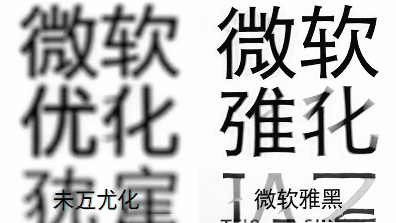 微软雅黑字体ClearType渲染效果对比图,左边为未优化的模糊字体,右边为微软雅黑清晰字体,背景为白色,字体大小适中,突出渲染技术的优劣,整体风格直观易懂。