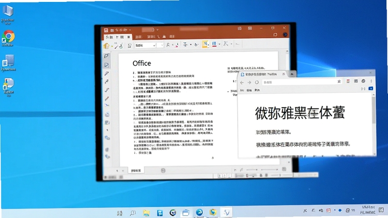 微软雅黑字体在Windows系统中应用场景图,画面展示Windows桌面、Office文档和网页浏览器中的微软雅黑字体显示效果,整体风格明亮清晰,突出系统集成的无缝体验。
