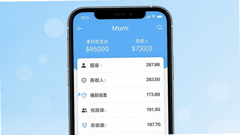 一张Momi记账软件主界面预览图,背景为浅蓝色渐变,手机屏幕中央显示简单的收支记录列表,顶部有本月总支出和总收入数字,整体风格清新简洁,突出记账功能,画面比例为16:9