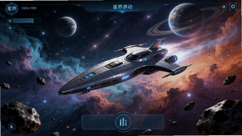 星界游戏宣传图,画面主体为一艘流线型银色星舰正在穿越色彩斑斓的星云,背景是深邃的宇宙和远处发光的星球,前景有飘浮的陨石碎片,整体画面宏大绚丽,充满科幻感,游戏UI风格为简洁的半透明蓝色调,分辨率1920x1080,高清渲染,电影级光影效果