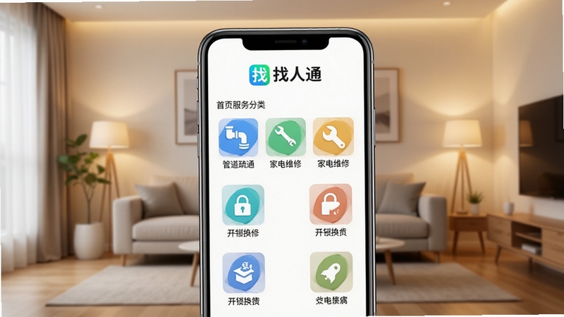 找人通App主界面预览图,展示首页服务分类列表,包含管道疏通、家电维修、开锁换锁等图标,背景为简约现代客厅场景,暖色调灯光,手机屏幕居中显示,清晰可见“找人通”Logo,整体风格干净明亮,突出生活服务便利性,适配移动端竖屏展示