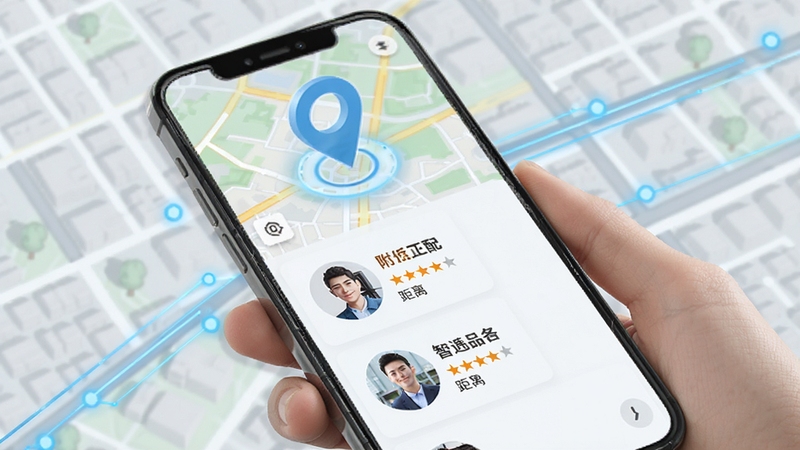 找人通智能匹配功能示意图,手机屏幕上显示地图定位和附近师傅列表,每个师傅头像旁有星级评分和距离标识,背景为城市街区地图,蓝色科技感线条,突出定位与匹配的精准性,整体色调清新明快