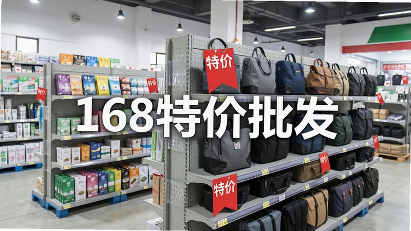 168特价批发商品陈列场景,展示多个货架上的日用百货与箱包,每件商品带有特价红色标签,画面中央有“168特价批发”水印字样,背景为现代批发市场,明亮通透,商业摄影风格