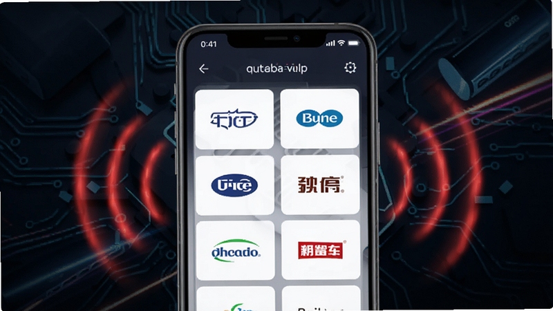 智能遥控开空调软件品牌库界面截图,屏幕上罗列多个空调品牌logo,周围点缀红外信号波纹特效,背景为深色科技感纹理,突出数据全面与匹配精准,画面主体为手机界面,背景区域为抽象科技光效