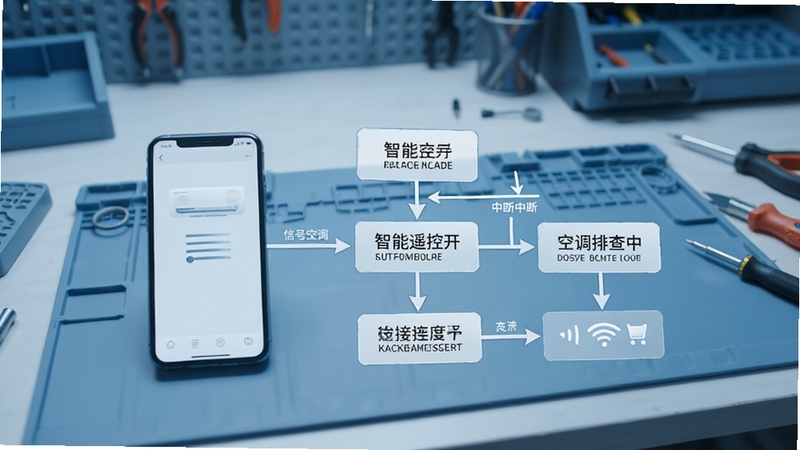 智能遥控开空调故障排查流程图,手机与空调之间信号连接中断,标注检查步骤,背景为简洁工作台,整体色调冷静专业,突出解决问题导向,画面主体为流程示意图,背景区域为工作台环境